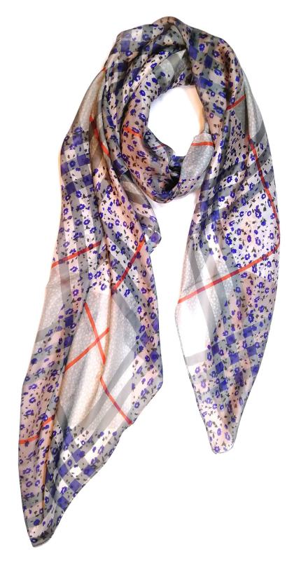 Scarf 100% Silk Paj Blue Grey Red